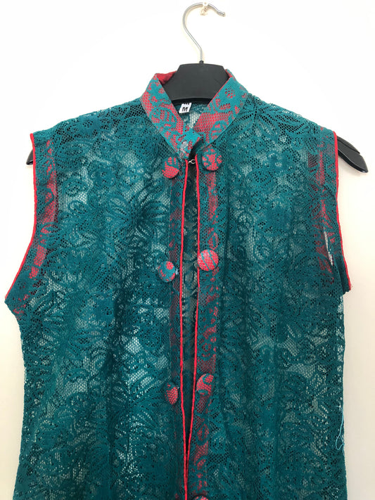 Green with red lining Netted Cardigan